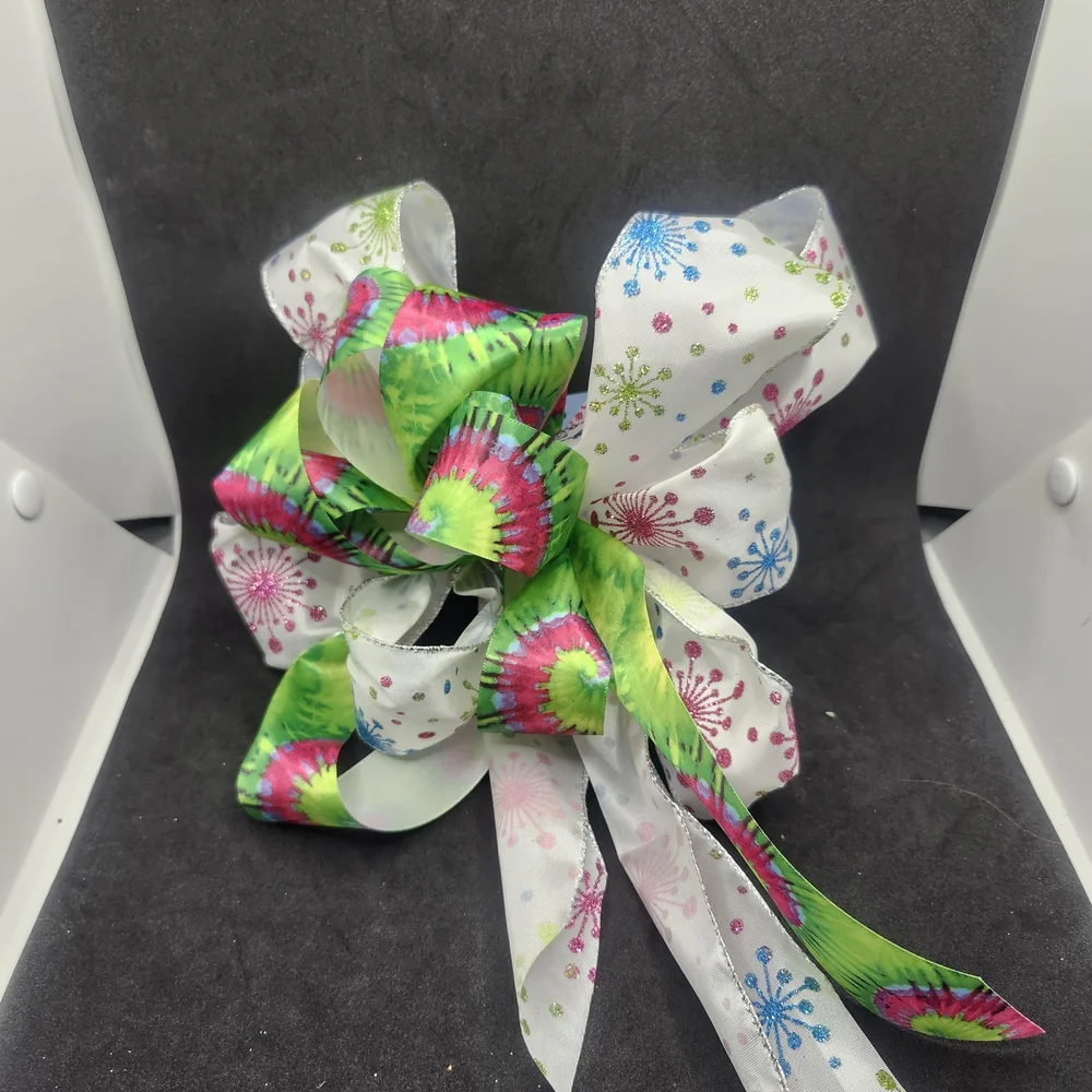 Hand Crafted Hair Bow Barrette Clip Colorful Ribbon Bow with Firework Pattern